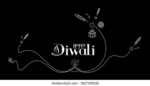 Happy Diwali text with Rocket firecrackers design. Sale Poster Banner Vector illustration.