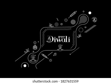 Feliz texto Diwali con diseño de petardos Rocket. Ilustración del vector de pancartas de venta.