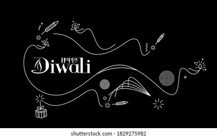 Feliz texto Diwali con diseño de petardos Rocket. Ilustración del vector de pancartas de venta.