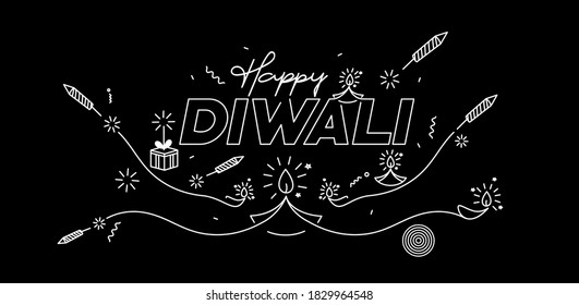 Happy Diwali text with Rocket firecrackers design. Sale Poster Banner Vector illustration.