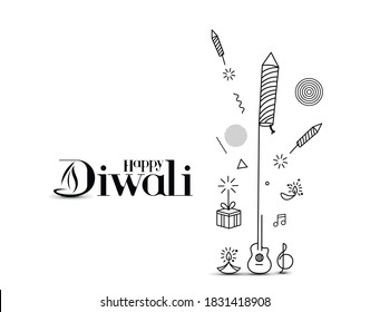 Happy Diwali text with Rocket firecrackers design. Poster Banner Vector illustration.