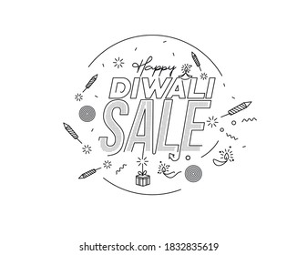 Feliz texto Diwali con diseño de petardos Rocket. Ilustración del vector de pancartas de venta.