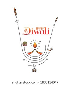 Happy Diwali text with Rocket firecrackers design. Poster Banner Vector illustration.