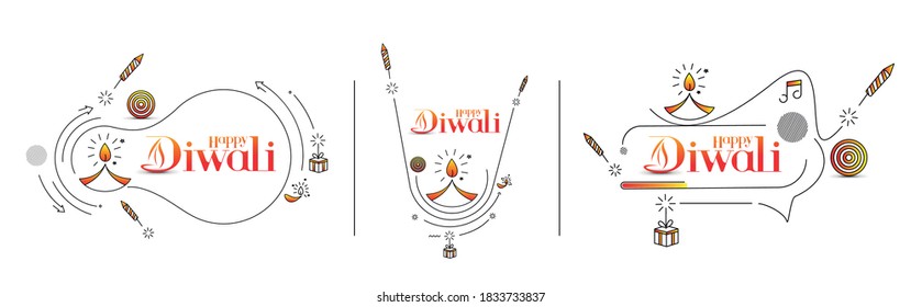 Feliz texto Diwali con diseño de petardos Rocket. Ilustración del vector de pancartas de venta.