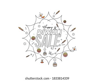 Happy Diwali text with Rocket firecrackers design. Sale Poster Banner Vector illustration.