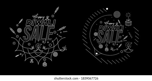 Feliz texto Diwali con diseño de petardos Rocket. Ilustración del vector de pancartas de venta.