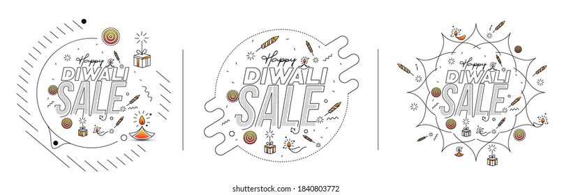 Happy Diwali text with Rocket firecrackers design. Sale Poster Banner Vector illustration.