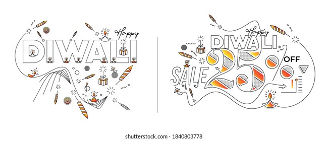 Feliz texto Diwali con diseño de petardos Rocket. Ilustración del vector de pancartas de venta.