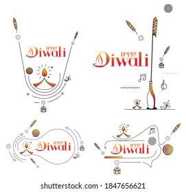 Feliz texto Diwali con diseño de petardos Rocket. Ilustración del vector de pancartas de afiches.