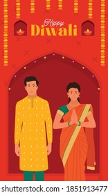 Happy Diwali Text website banner with indian family celebrating diwali festival background template design