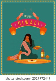 Happy Diwali text with a young woman  creating Diwali flower rangoli vector illustration, social media post template design, Invitation card design   