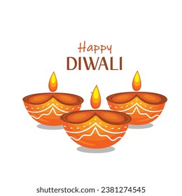 Happy diwali with three oil lamps in orange illustration vector perfect for diwali celebration