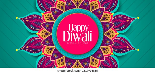 Happy Diwali. with a tosca green background and colorful mandala vector illustration