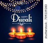Happy Diwali. Traditional Indian Festival Background with Burning Lamps, Bokeh and Light Effects. Shining Diya. Vector illustration