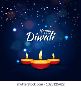 Happy Diwali. Traditional Indian Festival Background with Burning Lamps, Bokeh and Light Effects. Shining Diya. Vector illustration