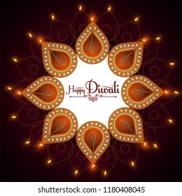 Happy Diwali. Traditional Indian Festival Background with Burning Diya Lamp. Hindu Holiday. Vector illustration