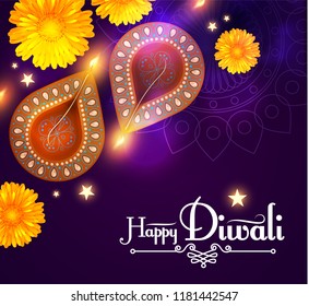 Happy Diwali. Traditional Indian Festival Background with Burning Diya Lamp. Hindu Holiday. Vector illustration
