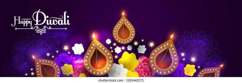Happy Diwali. Traditional Indian Festival Background with Burning Diya Lamp. Hindu Holiday. Vector illustration