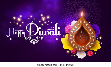 Happy Diwali. Traditional Indian Festival Background with Burning Diya Lamp. Hindu Holiday. Vector illustration