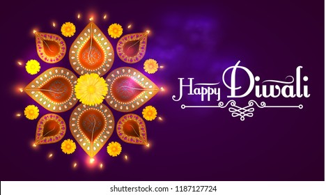 Happy Diwali. Traditional Indian Festival Background with Burning Diya Lamp. Hindu Holiday. Vector illustration