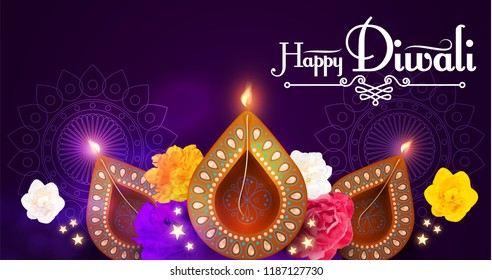 Happy Diwali. Traditional Indian Festival Background with Burning Diya Lamp. Hindu Holiday. Vector illustration