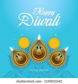 Happy Diwali - traditional Indian festival colorful background with oil lamp.