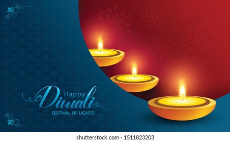 Happy Diwali. Traditional Indian Festival Background with Burning Lamps diya