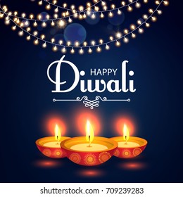 Happy Diwali. Traditional Indian Festival Background with Burning Lamps, Bokeh and Light Effects. Shining Diya. Vector illustration