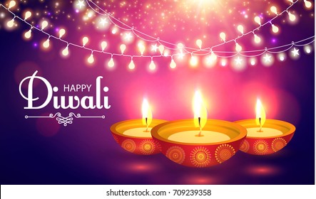 Happy Diwali. Traditional Indian Festival Background with Burning Lamps, Bokeh and Light Effects. Shining Diya. Vector illustration