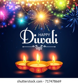 Happy Diwali. Traditional Indian Festival Background with Burning Lamps and Fireworks. Vector illustration