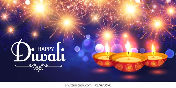 Happy Diwali. Traditional Indian Festival Background with Burning Lamps and Fireworks. Vector illustration