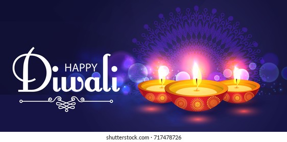 Happy Diwali. Traditional Indian Festival Background with Burning Lamps, Bokeh and Light Effects. Shining Diya. Vector illustration