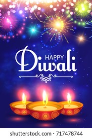 Happy Diwali. Traditional Indian Festival Background with Burning Lamps and Fireworks. Vector illustration