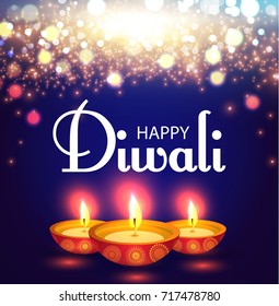 Happy Diwali. Traditional Indian Festival Background with Burning Lamps, Bokeh and Light Effects. Shining Diya. Vector illustration