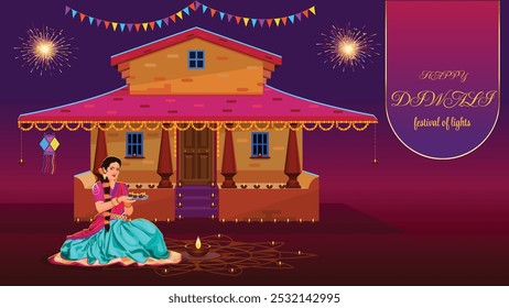 Happy Diwali Traditional Indian House Decorated with Diya