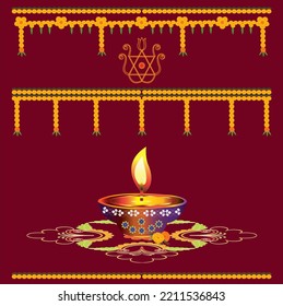 Happy Diwali traditional Indian Toran with  marigold flowers  kalash with coconut on colorful rangoli design on maroon color 
background.  earth