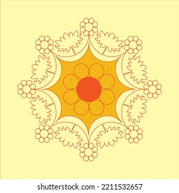 Happy Diwali traditional rangoli design in circular pattern bright yellow and red in the centre on light yellow color background.