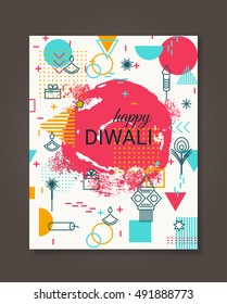 Happy Diwali trendy geometric background with Festival line icons symbols. Vector design