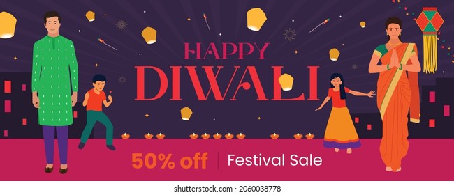 Happy Diwali typography with Illustration of Indian Family celebrating Holiday banner background 