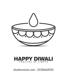 Tipografía feliz de Diwali con el dibujo del contorno de Mitti Ka Diya, lámpara de la arcilla, linterna. Fondo de saludo de Festiva del festival indio de Diwali feliz del arte del mandala. Plantilla de Vector