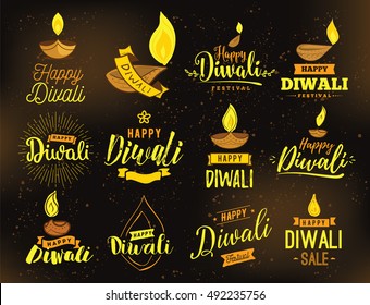 Happy Diwali typography set. Typographic emblems with lamps. Vector logo, text design. Usable for banners, greeting cards, posters, gifts etc 
