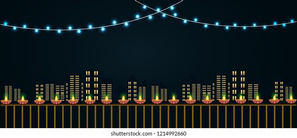 Happy diwali urban city illustration with lights and diyas. Diwali Banner city design illustration. 