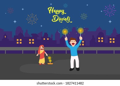 Fröhliches Diwali-Vektorkonzept: Fröhliche indische Kinder spielen nachts Feuerwerk während Diwali-Feier