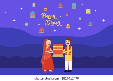 Happy Diwali vector concept: Happy Indian couple holding lantern together to be released while Diwali celebration at night