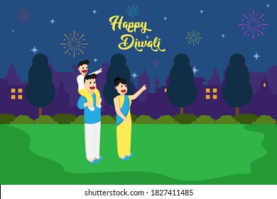 Happy Diwali vector concept: Happy Indian family watching fireworks together while Diwali night celebration