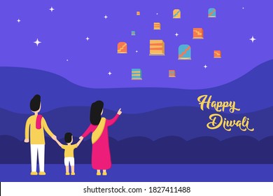 Happy Diwali vector concept: Happy Indian family looking at flying lantern with Happy Diwali text on purple background