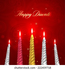 Happy Diwali Vector Design. Set of Burning Wax Candles. 