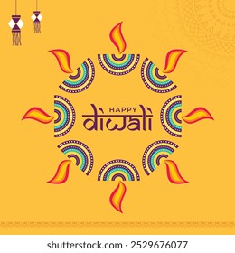 Happy Diwali modelo de design vetorial. Cartão Festivo Diwali. Modelo de design com lâmpada, luzes douradas.
