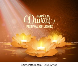 Happy Diwali. Vector. Festival of light background. Greeting background with golden lotus flowers and a burning candle inside.