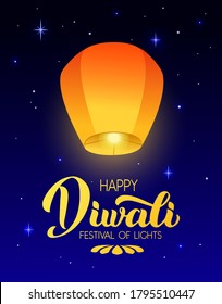 Happy Diwali - vector handwritten lettering. Modern calligraphy on night background with Flying Sky lanterns. Vertical illustration for your poster, postcard, invitation or greeting card design.